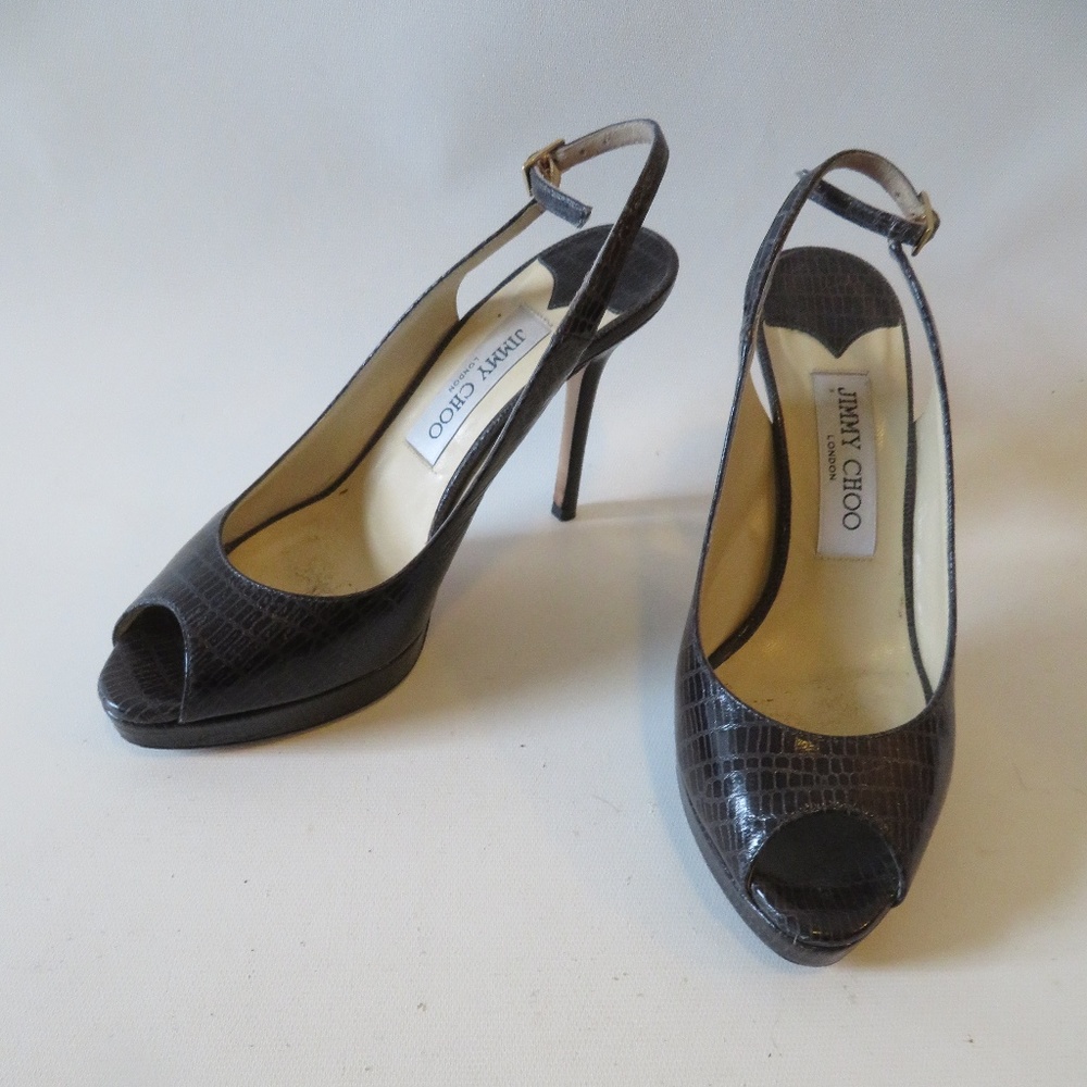 Jimmy Choo Dark Brown Croc-Embossed Peep-Toe Slingback Pumps